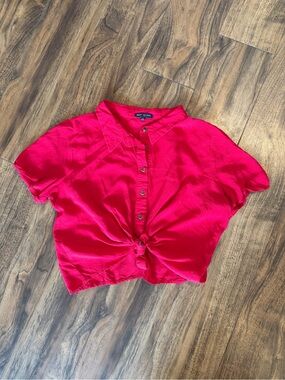 Red Button-Up Tie-Front Crop Top